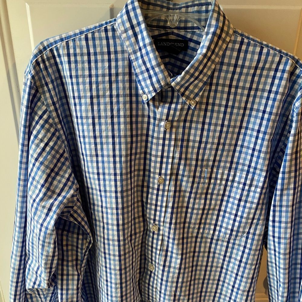 LANDS end mens blue checkered shirt